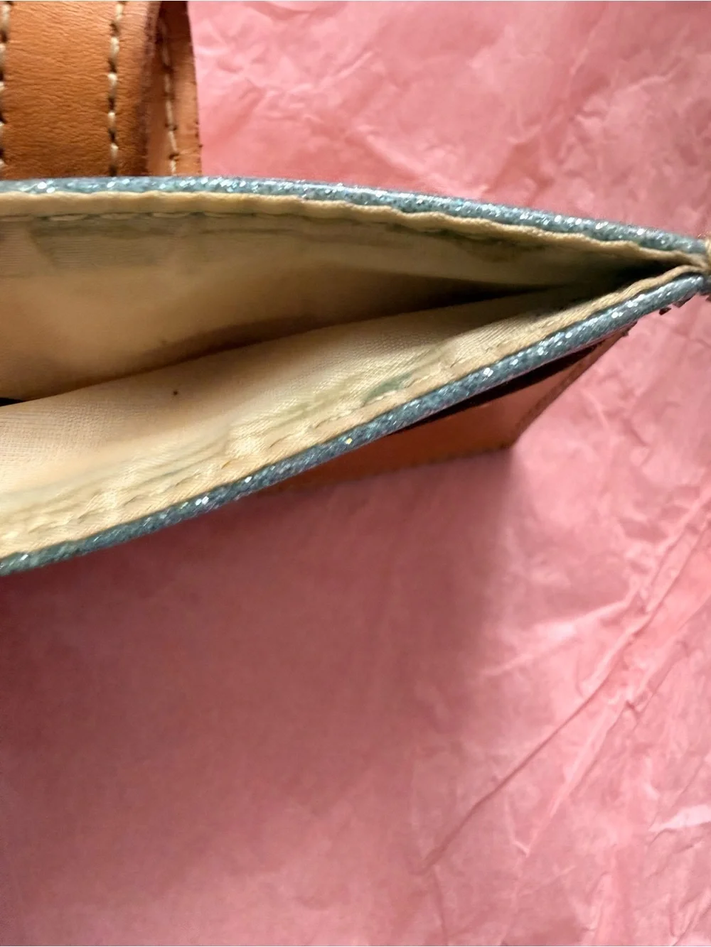 Consuela Tan Leather Card Holder with Pink and Blue Glitter Strips
